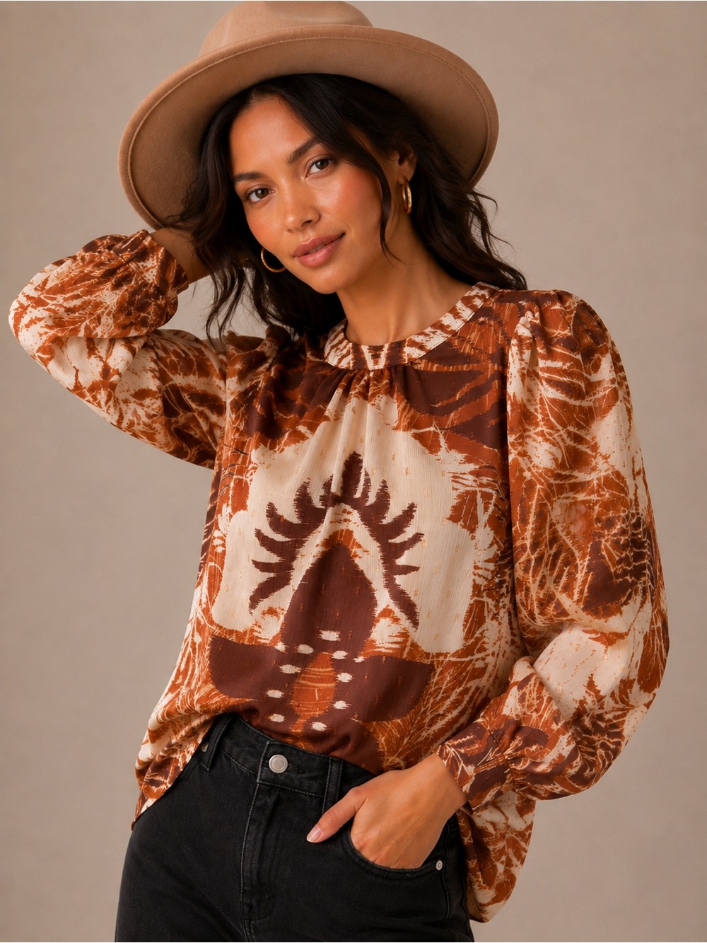 Women's Brown Tie-Dye Long Sleeve Blouse